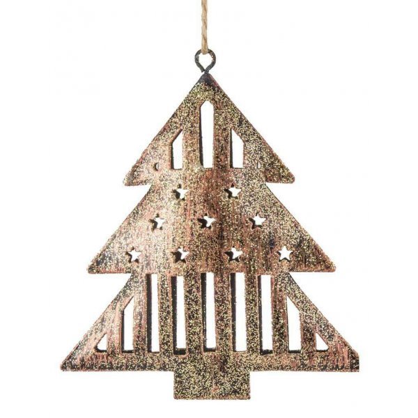 Χριστουγεννιάτικο Κρεμαστό Μεταλλικό Δεντράκι Χρυσό, με Αστεράκια (11cm)